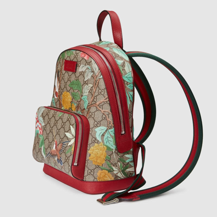 sac à dos cuir femme vintage en rouge et imitation broderies avec des fleurs et des oiseaux 