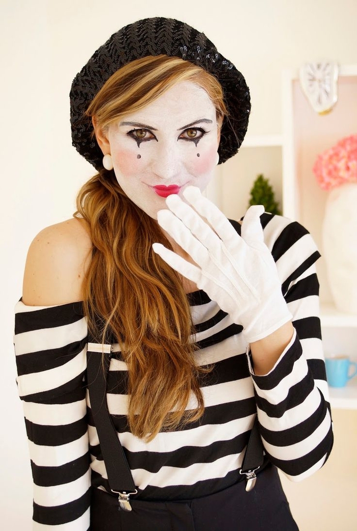 idée de maquillage facile halloween en noir et blanc, déguisement en mime de dernière minute