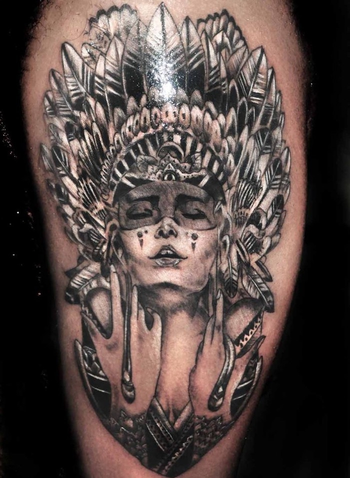 idée tatouage homme, art corporel en encre pour homme et femme, tattoo incroyable au visage féminin guerrier