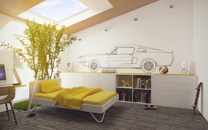deco chambre ado, fenêtre de plafond en bois, végétation plante verte sur gazon artificielle, lit en blanc et jaune