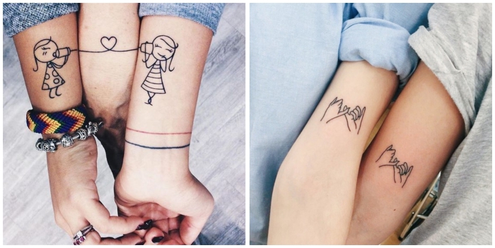 tatouage commun meilleure amie, dessin en encre sur la peau à design petites filles avec téléphones et coeur