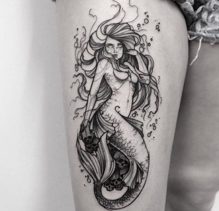 idée tatouage sirene cuisse femme et jambe