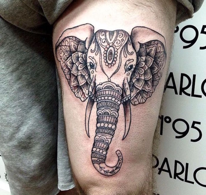 tatouage sur la cuisse homme tattoo elephant mandala