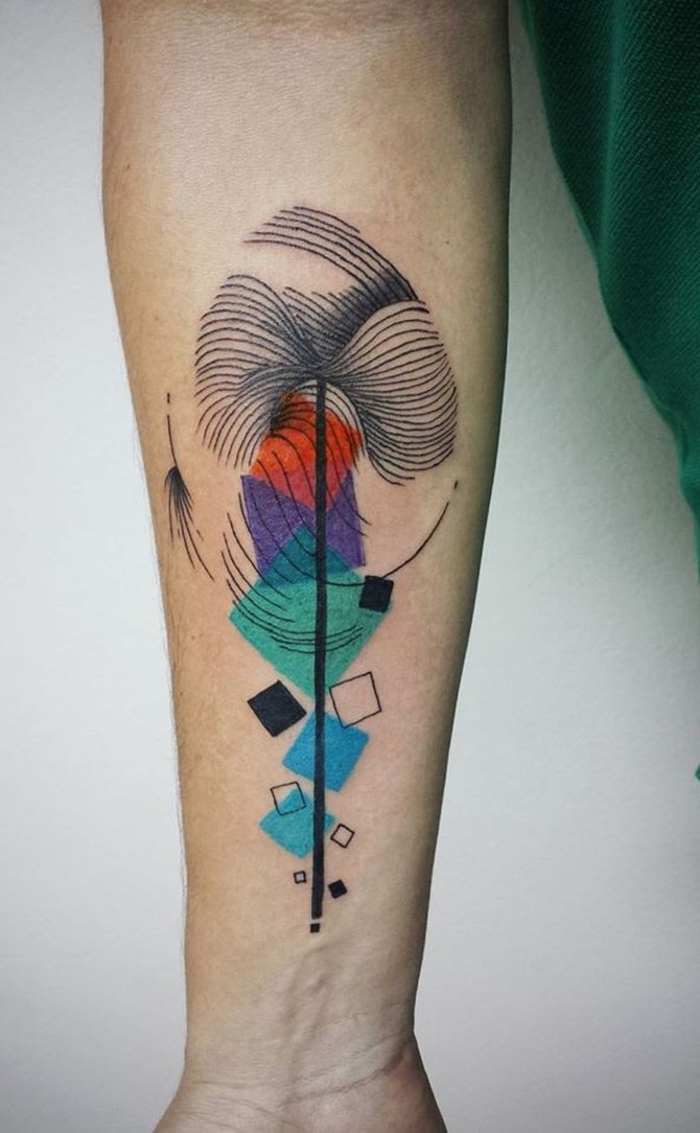 idée originale pour un tatouage geometrique coloré avec motif fleur stylisée