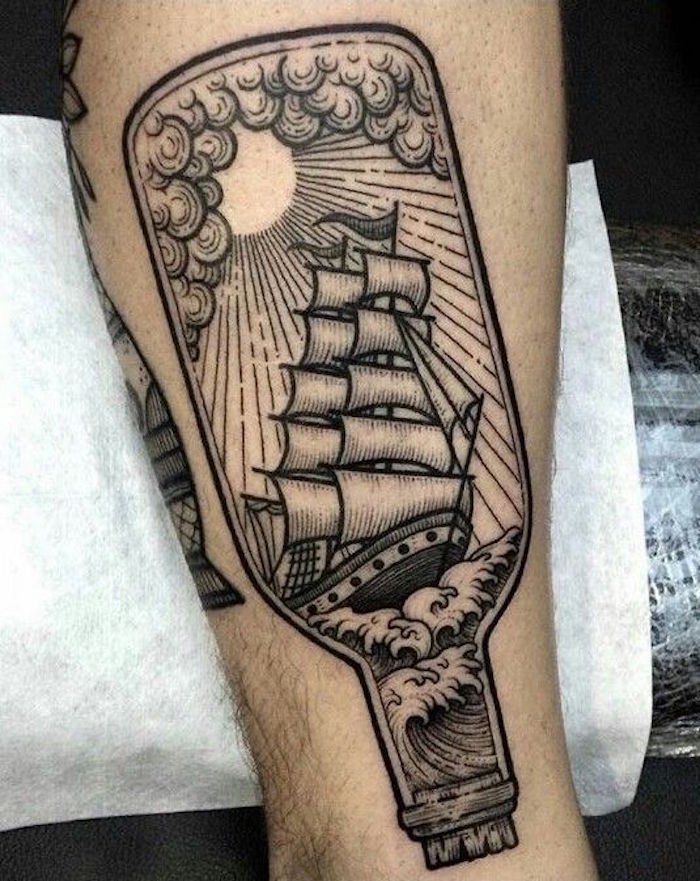 symbole marin tatouage bateau pirate bouteille noir dotwork