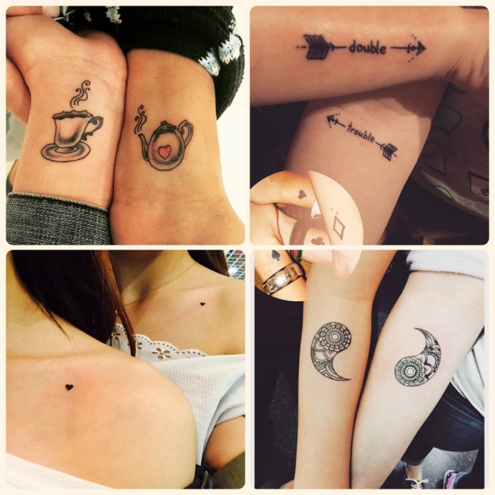 tatouage amitié femme, modèle de tattoo entre filles, tatouage design café et petits coeurs, tatouage avec lettres et flèches