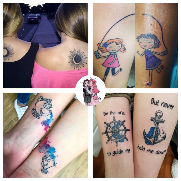 tatouage inseparable, comment choisir son tattoo entre amies, dessin en couleurs sur la peau à design animé