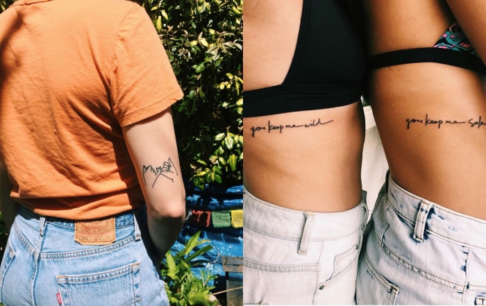 motif tatouage, dessin en encre sur peau avec petites lettres inspirantes, art corporel à partager entre filles
