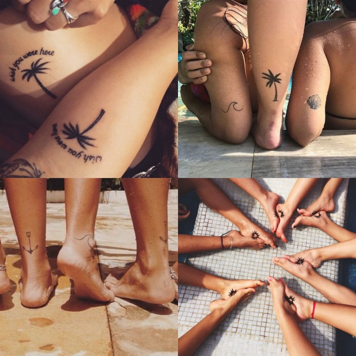tatouage inseparable, art corporel en encre à design symboles d'été, idée tatouage entre filles