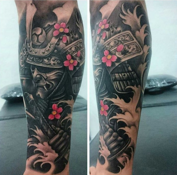 tatouage armure samourai tattoo japonais sur le mollet