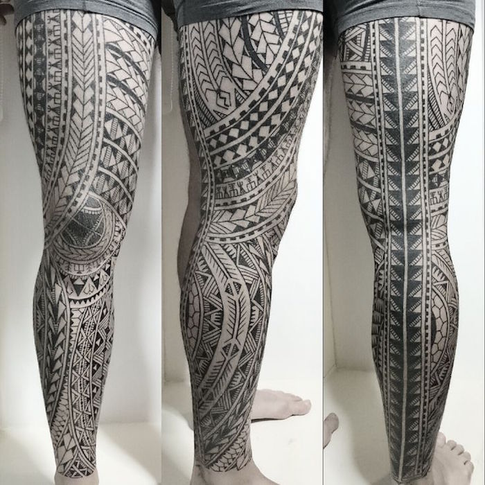tatouage polynésien jambe entière homme