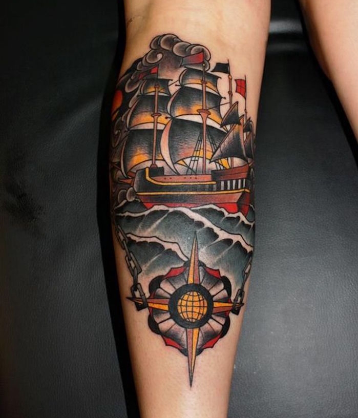 tatouage bateau tattoo marin navire boussole mollet
