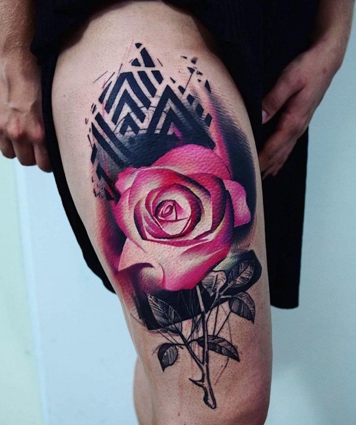 tattoo cuisse rose couleurs jambe femme