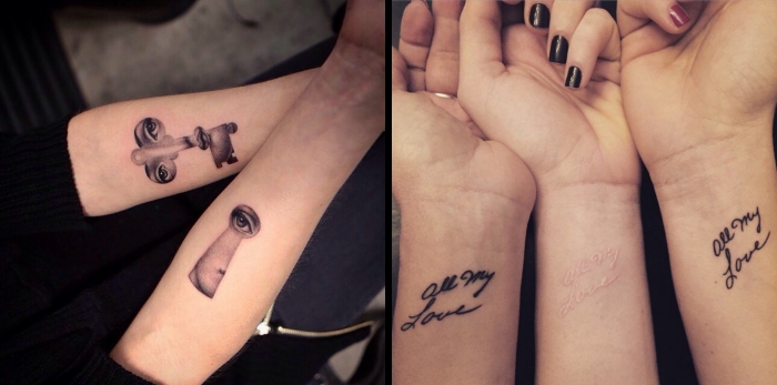 petit tatouage, art corporel en encre sur les poignets, tattoo pour filles avec mots inspirants, tatouage symbolique avec visage féminin et clé