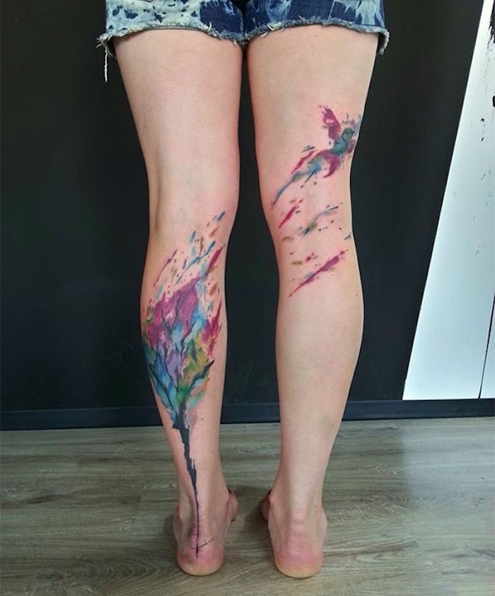 tatouage derriere cuisse et tibia watercolor aquarelle