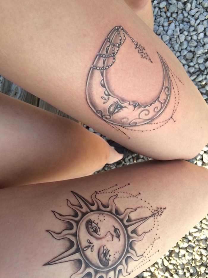 modele tatouages cuisses soleil lune tattoo poetique jambe femme