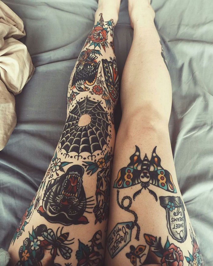 tattoo jambe femme cuisse et tibias style old school