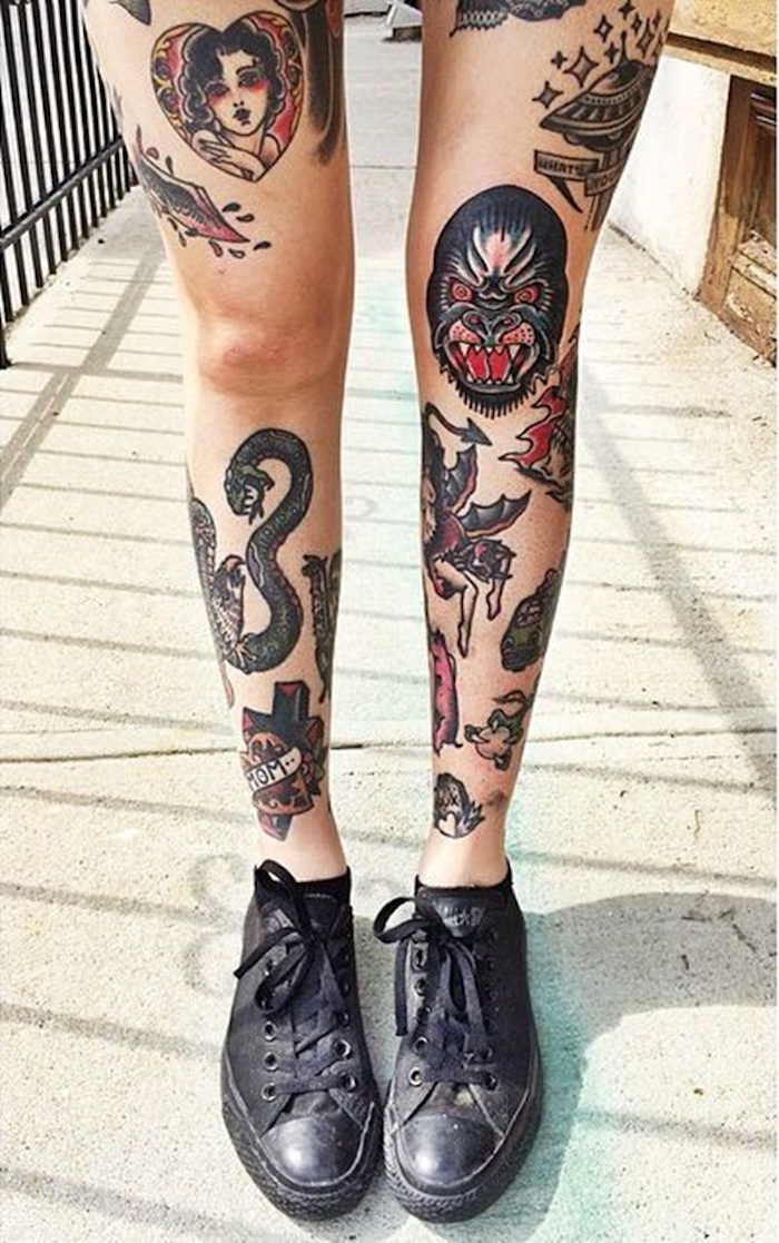 tatouages old school jambes femme style tattoo tibia