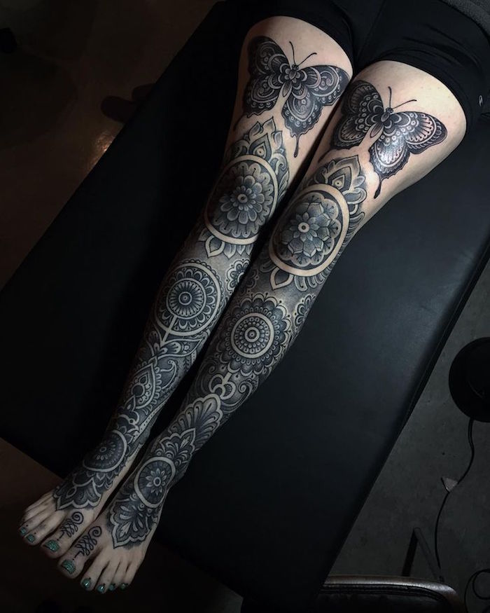tatouages cuisse femme mandala papillons tattoo tibia