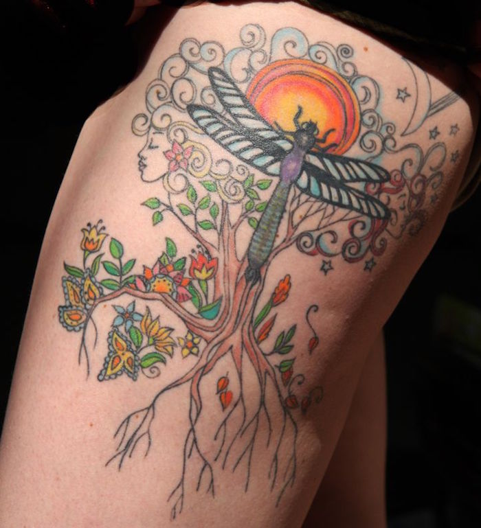 tatouage derriere la cuisse nature libellule couleurs