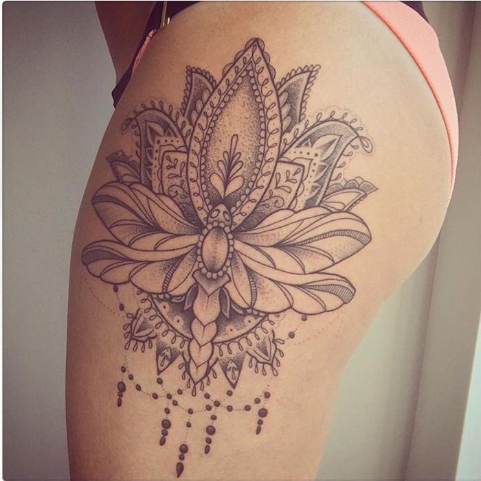 tatouage mandala cuisse femme tattoo jambe fleur de lotus