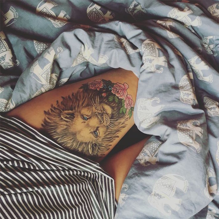 tattoo cuisse femme tete de lion tatouage de jambe