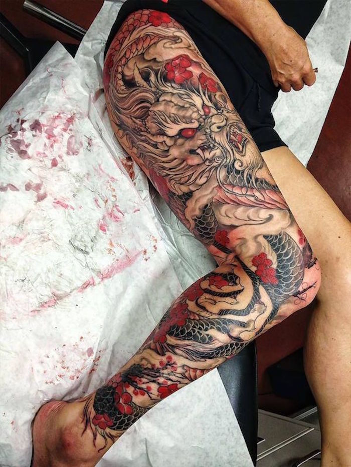tatouage irezumi japon dragon japonais jambe entiere homme