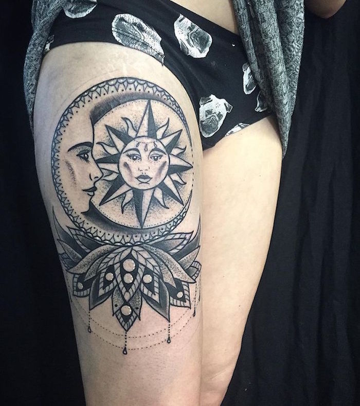 tatouages cuisse femme tatouage lune et soleil fleur de lotus sur la jambe