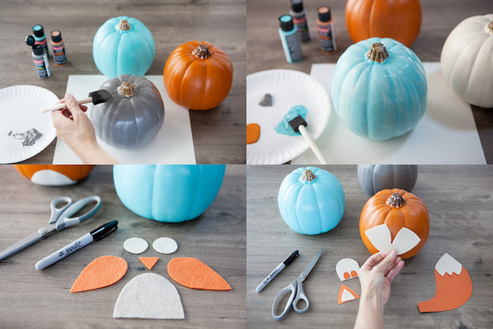 tuto bricolage halloween, citrouilles repeintes en orange, bleu et gris avec des silhouettes ailes, vente, bec et des yeux en feutrine