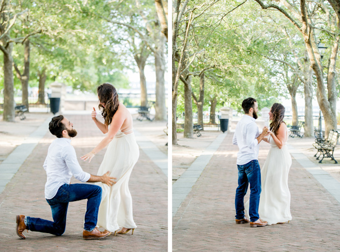 idée surprise mariage au milieu d une promenade dans le parc, femme en robe blanche et homme en jean et chemise