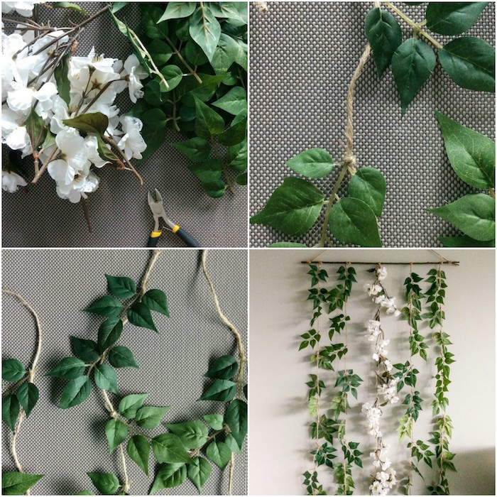 diy déco chambre, decoration murale en guirlande de feuilles vertes et fleurs blanches suspendues à une baguette bois