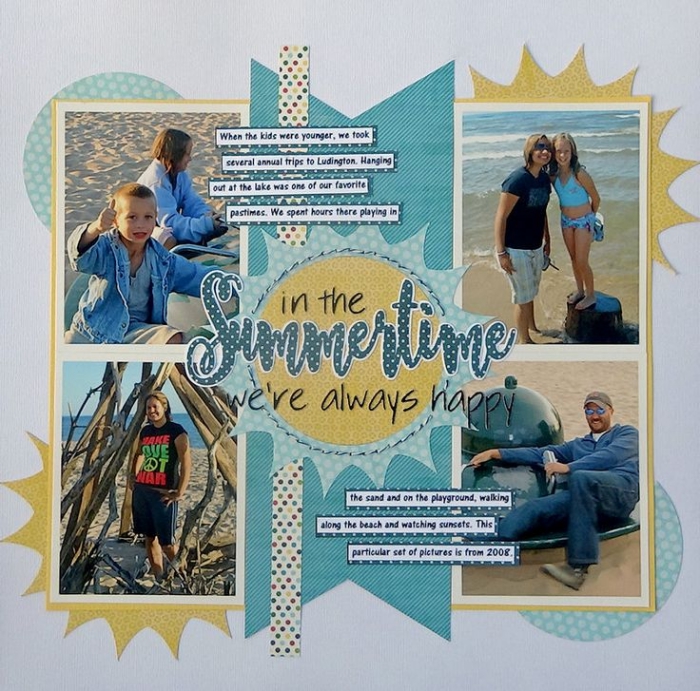 carte de voeux personnalisée, page scrapbooking avec photos en famille, décoration avec photo de vacances et rubans adhésifs bleu et jaune