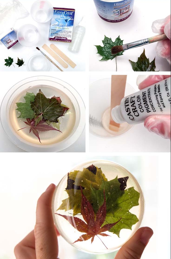 une activité créative idéale pour la rentrée, apprenez comment réaliser un presse-papier en résine avec des feuilles sèches en inclusion