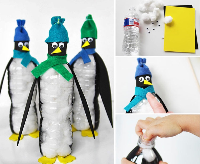 comment réaliser un pingouin en bouteille en plastique récupérée, activité manuelle recyclage bouteille plastoque pour sensibiliser les enfants à l environnement