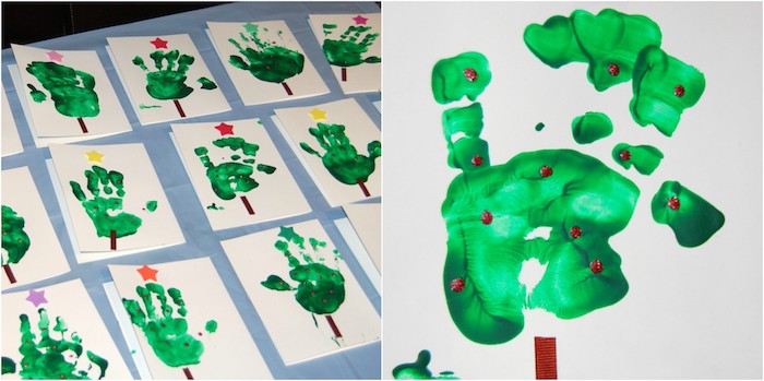 activité noel maternelle avec des empreintes de main vertes pour créer une carte avec sapins de noel et décorations et étoile en papier 