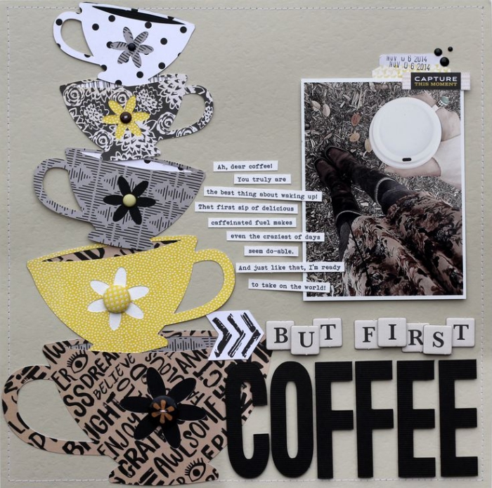 exemple scrapbooking, papier gris avec tasses de café en papier de couleurs neutres et lettres inspirantes
