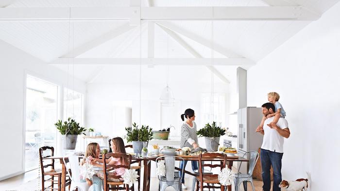 aménagement cuisine ouverte blanche qui donne sur une salle à manger avec table et chaises en bois, plantes vertes, electromenager inox