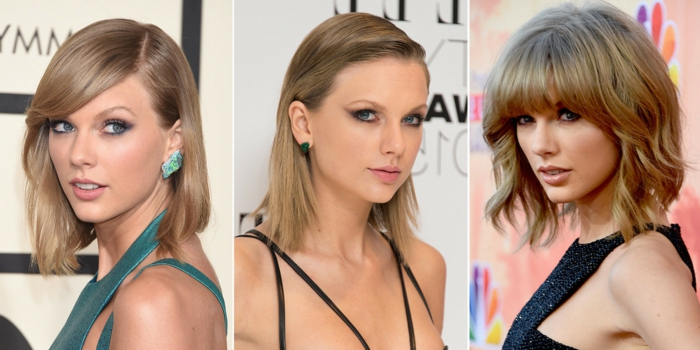 carré-plongeant-cheveux-fins-Taylor-Swift-et-ses-coiffures-tendance-carré-fin-frangé-maquillage-yeux-bleus carré plongeant cheveux fins, coiffures superbes pour cheveux fins, maquillage yeux bleus