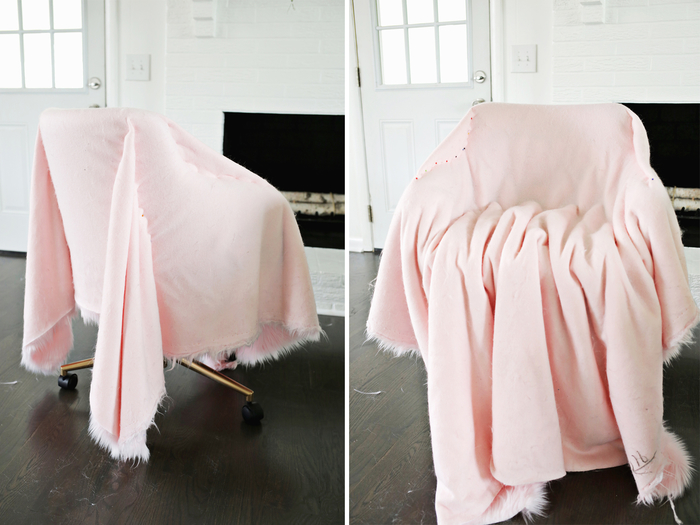 bureau de chaise revêtue de fausse fourrure rose pour un projet de relooking meuble facile et à petit budget