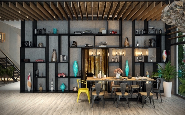 mobilier industriel, décoration de salle à manger loft aux murs béton et plancher bois clair avec meubles en bois et noir
