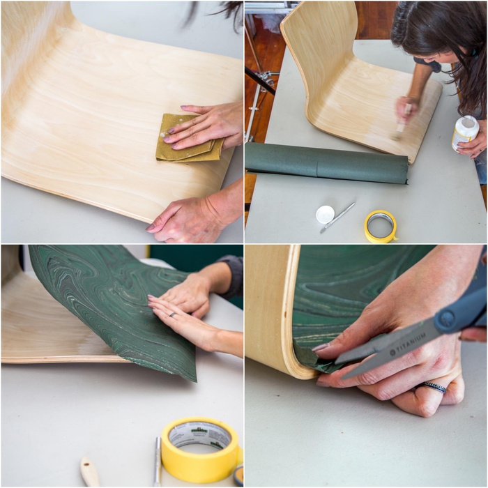 tuto pour un customiser un meuble en bois avec du papier décoratif effet marbre, une chaise de bureau customisée avec la technique de décopatch