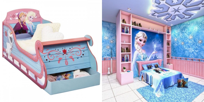 armoire fille, chambre d'enfant aux murs revêtus en papier peint à design frozen avec carrelage blanc et tapis bleu étincelant 