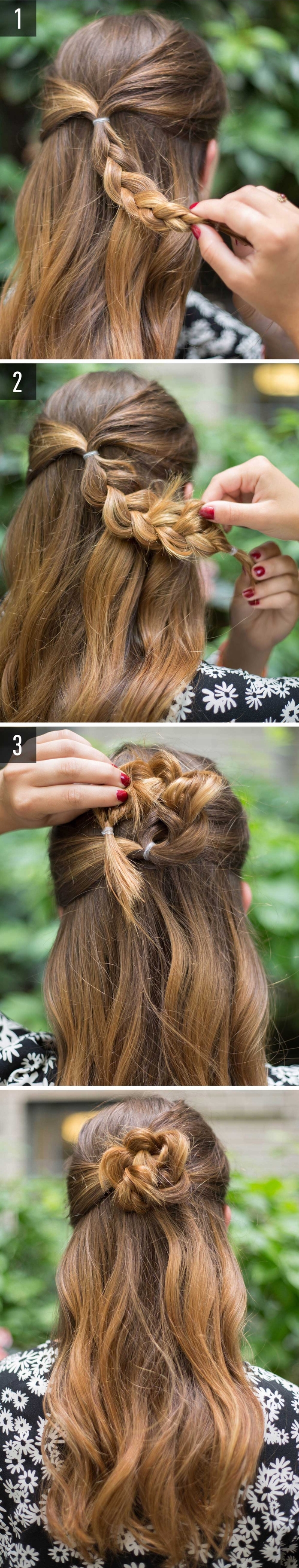 cheveux-attachés-en-demi-chignon-fleur-idée-coiffure-rapide-et-chic-coiffure-romantique chignon facile en forme de fleur pour une coiffure cheveux longs originale et romantique réalisé en peu de temps
