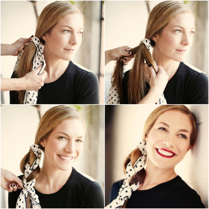 coifffure-cheveux-attachés-tresse-réalisée-avec-foulard-coiffure-look-de-vacances tuto tresse originale avec foulard imprimé et les cheveux ramenés sur le côté pour une coiffure de vacances sans faute