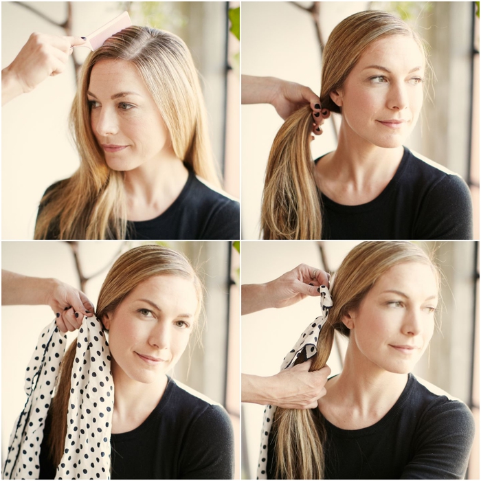 coiffure-cheveux-attachés-avec-foulard-à-pois-queue-de-cheval-de-côté-coiffure-romantique-idéale-pour-un-look-de-vacances comment se coiffer dans la chaleur, tuto tresse avec foulard imprimé à pois pour un look de vacances sans faute