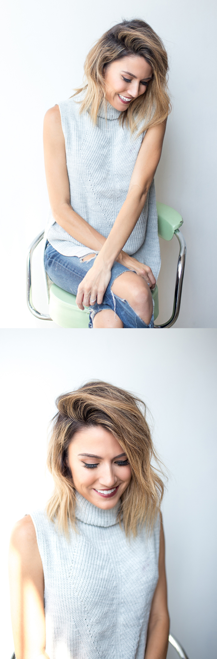 coiffure-cheveux-mi-long-facile-carré-plongeant-effet-rock-cheveux-portés-sur-le-côté tuto coiffure cheveux courts aux légères ondulations et une raie de côté