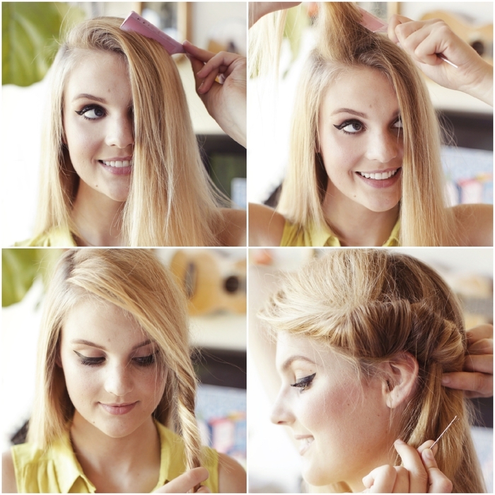 coiffure-facile-a-faire-chignon-banane-de-côté-coiffure-chic-et-vintage-pour-tous-les-jours une coiffure cheveux attachés en chignon roulé de côté, idéale pour un look de vacances décontracté