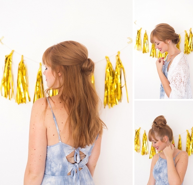 coiffures-cheveux-longs-trois-façons-de-coiffer-ses-cheveux-en-rien-de-temps-chignon-bas-demi-chignon-et-chigon-bun trois coiffures cheveux longs avec chignon flou à réaliser avec la texture naturelle des cheveux