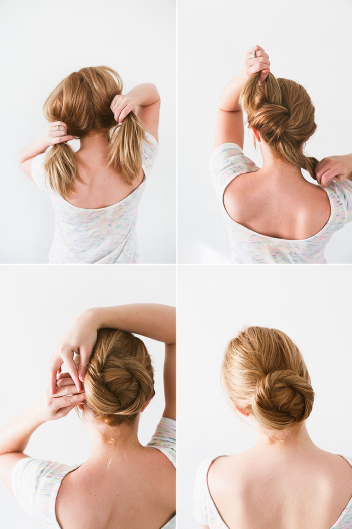 comment-réaliser-une-coiffure-avec-chignon-facile-torsadé-cheveux-mi-longs-coloration-cuivre comment réaliser un chignon facile en bas de la nuque avec quelques mèches enroulées