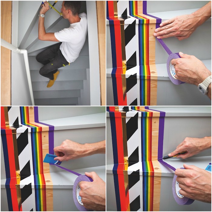 renover un escalier en bois gris avec des bandes de washi tape à motifs colorés, simples bandes de ruban colorées disposées l une a cote de l autre